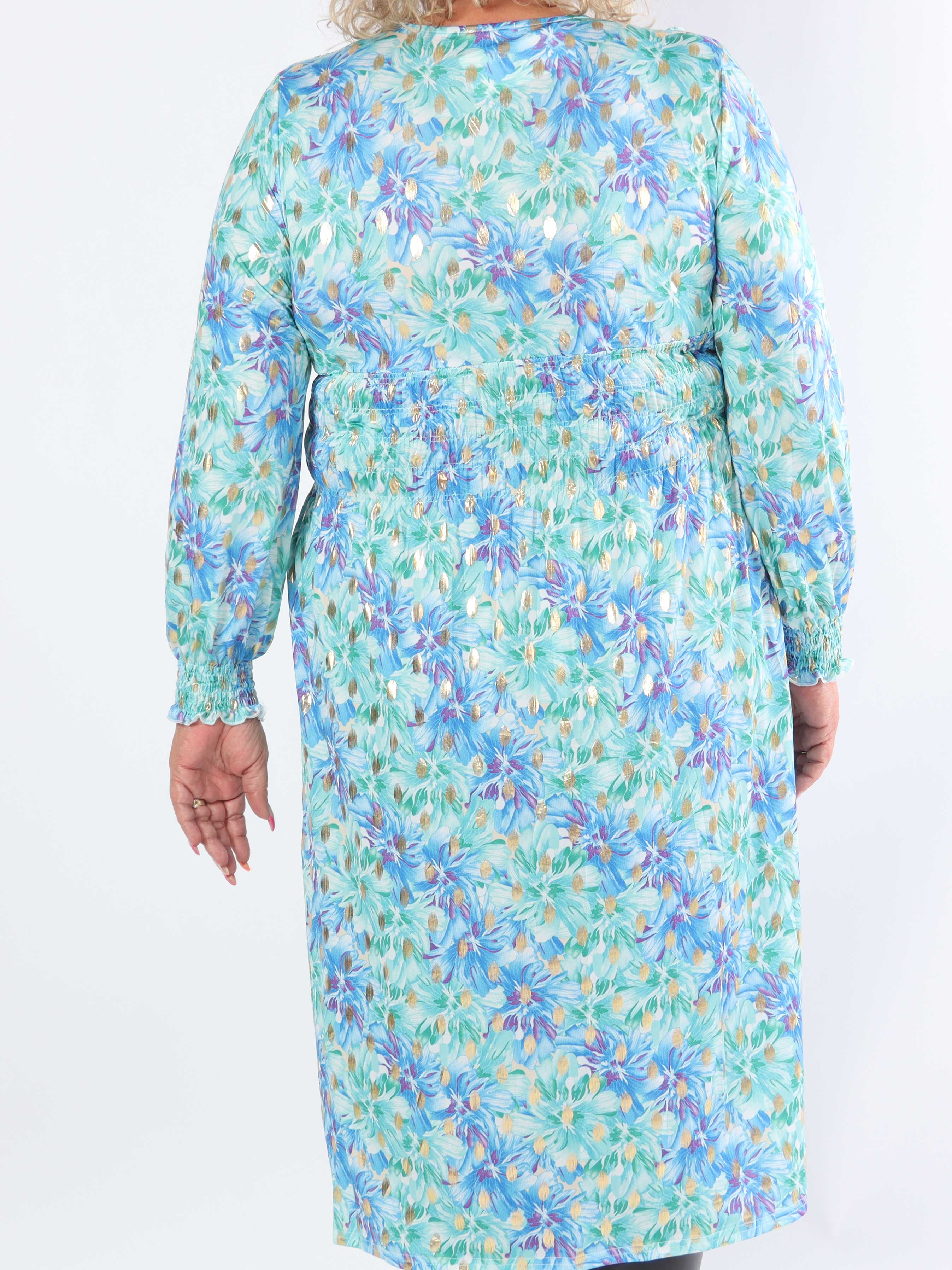 Pams Floral Midi L/S - Elastisk plus size kjole i krølfrit stof